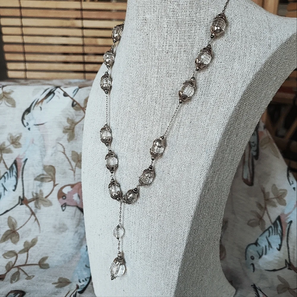 Vintage Rosary Clear Oval Faceted Glass Threaded Chain Silver Tone Necklace